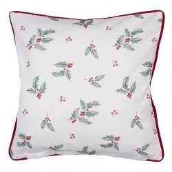 Clayre & Eef Housse de coussin 40x40 cm Blanc Rouge Coton Carré Cerf feuilles de houx