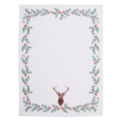 Clayre & Eef Torchon 50x70 cm Blanc Rouge Coton Cerf feuilles de houx