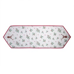 Clayre & Eef Chemin de table de Noël 50x160 cm Blanc Rouge Coton Cerf feuilles de houx