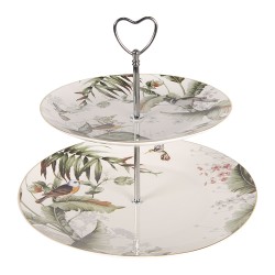 Clayre & Eef Étagère 2 étages Ø 26x24 cm Blanc Vert Porcelaine Rond Oiseaux