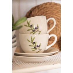 Clayre & Eef Tasse et soucoupe 200 ml Beige Bleu Céramique Rond Branche d'olivier