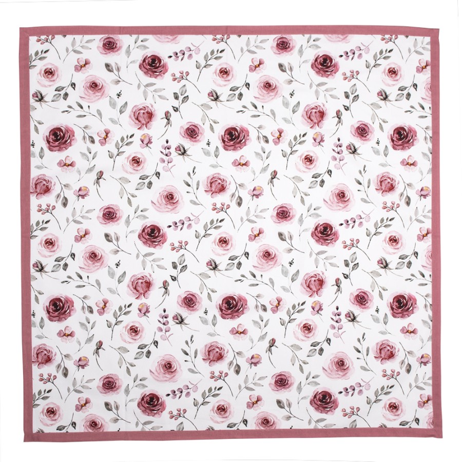 Clayre & Eef Nappe 100x100 cm Blanc Rose Coton Carré Fleurs