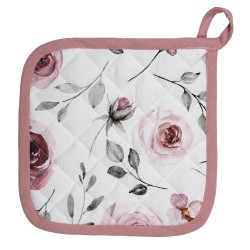 Clayre & Eef Pot Holder 20x20 cm White Pink Cotton Square Roses