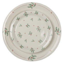 Clayre & Eef Piatto da cena   Ø 28 cm Beige Verde Ceramica Rotondo Foglie di agrifoglio