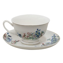 Clayre & Eef Tasse et soucoupe 250 ml Bleu Blanc Porcelaine Fleurs