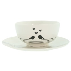 Clayre & Eef Bol à soupe 500 ml Blanc Noir Porcelaine Oiseaux de coeur