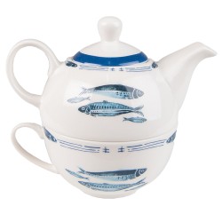 Clayre & Eef Tea for One  400 ml Wit Blauw Porselein Vissen