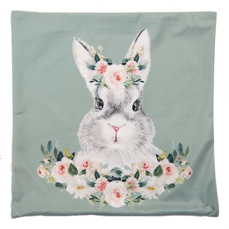 Clayre & Eef Housse de coussin 45x45 cm Vert Blanc Polyester Carré Lapin