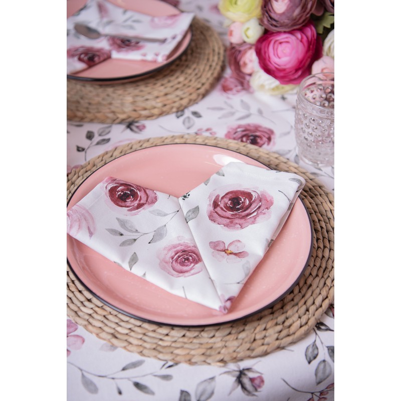 Clayre & Eef Tischläufer 50x160 cm Rosen Baumwolle Weiß Rosa