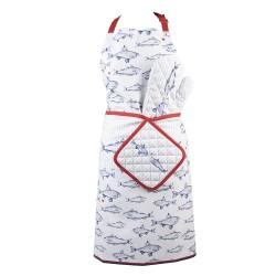 Clayre & Eef Tablier de cuisine 70x85 cm Blanc Bleu Coton Poissons