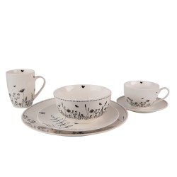 Clayre & Eef Assiette de petit déjeuner Ø 20 cm Beige Noir Porcelaine Rond Fleurs