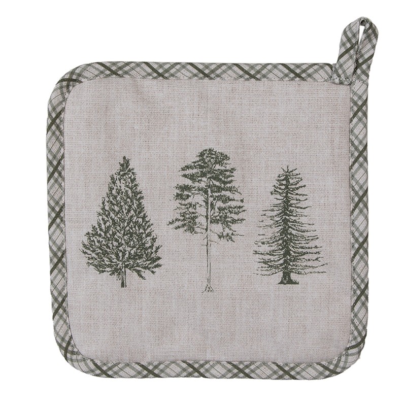 Clayre & Eef Pot Holder 20x20 cm Beige Green Cotton Square Pine Trees