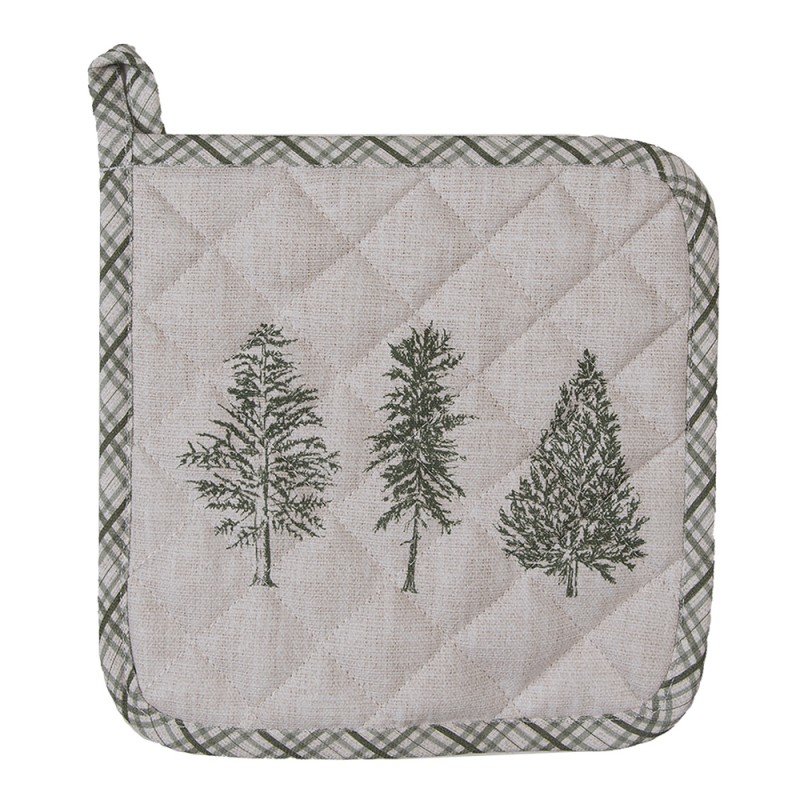 Clayre & Eef Pot Holder 20x20 cm Beige Green Cotton Square Pine Trees