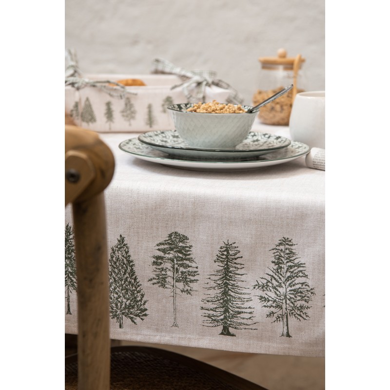 Clayre & Eef Tischläufer 50x140 Baumwolle Grün Rechteck Tannenbäume Beige cm