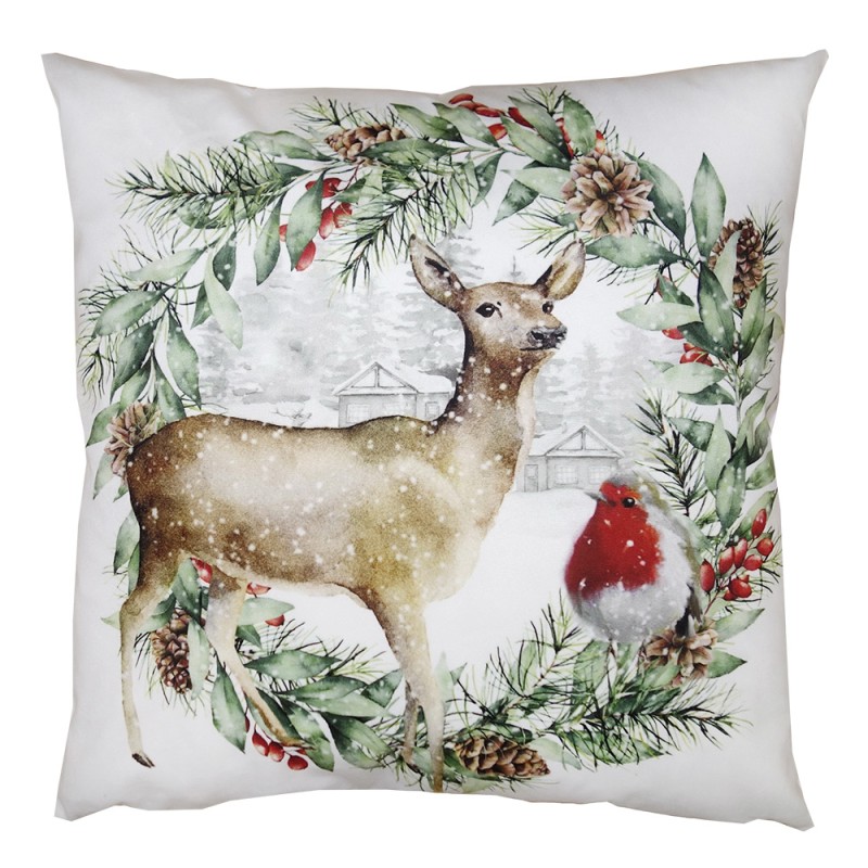 Clayre & Eef Cushion Cover 45x45 cm Green White Polyester Deer