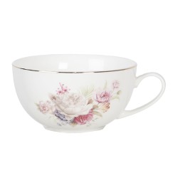 Clayre & Eef Tea for One  400 ml Wit Roze Porselein Rond Bloemen