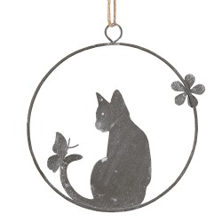 Clayre & Eef Décoration pendentif Chat 14 cm Gris Fer Rond