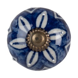 Clayre & Eef Door Knob Ø 4 cm Blue White Ceramic Round Leaves