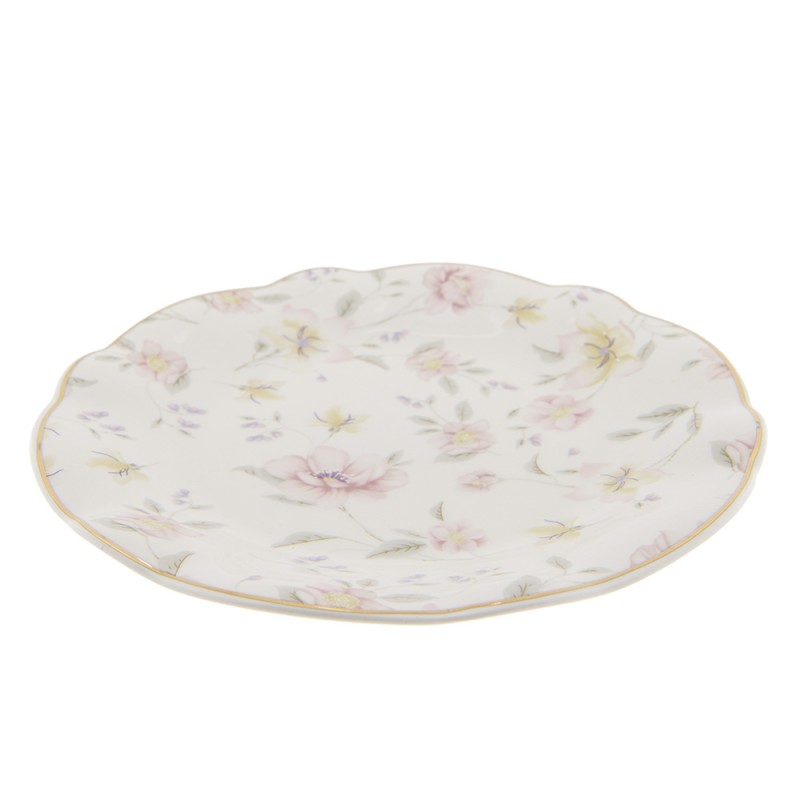 Clayre & Eef Piatto per la colazione Ø 19 cm Bianco Rosa  Porcellana Rotondo Fiori