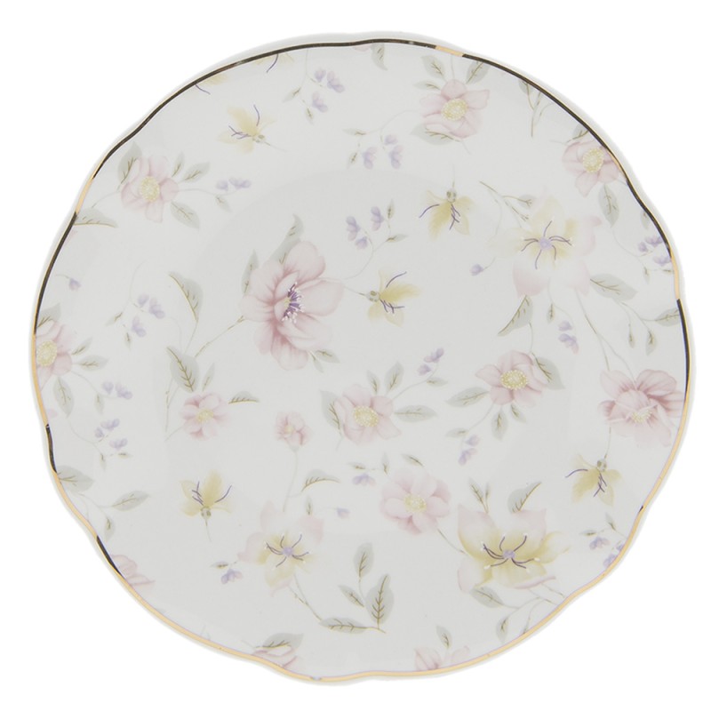 Clayre & Eef Assiette de petit déjeuner Ø 19 cm Blanc Rose Porcelaine Rond Fleurs