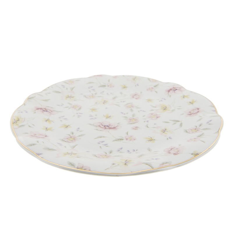 Clayre & Eef Dinerbord  Ø 26 cm Wit Roze Porselein Rond Bloemen