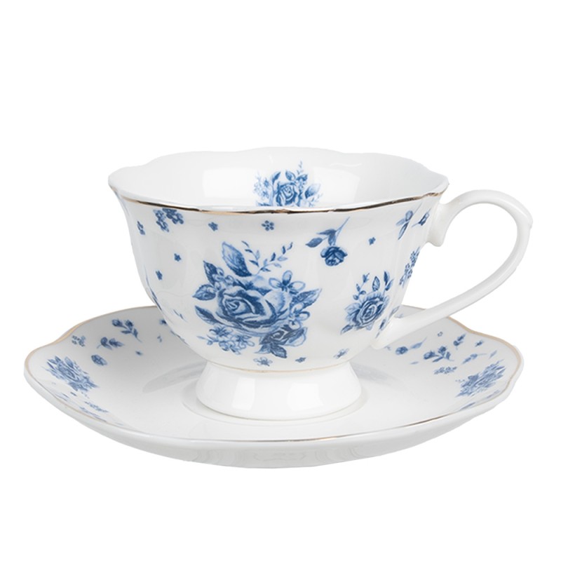 Clayre & Eef Tasse et soucoupe 200 ml Blanc Bleu Porcelaine Roses