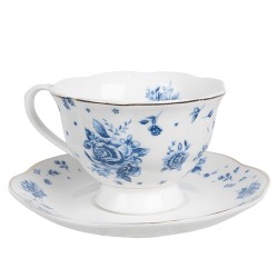Clayre & Eef Cup and Saucer 200 ml White Blue Porcelain Roses