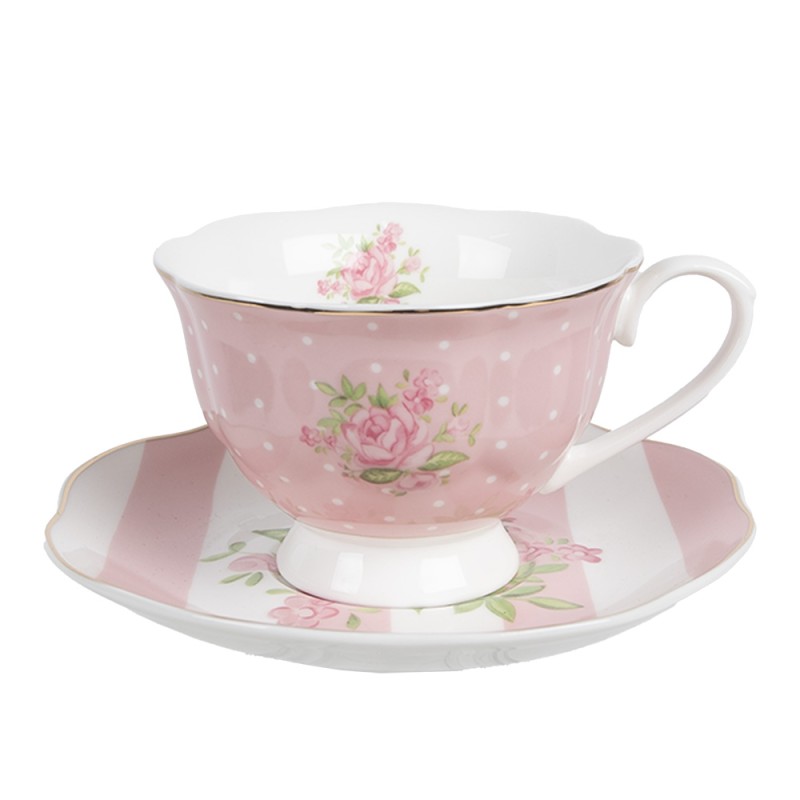 Clayre & Eef Tasse et soucoupe 200 ml Rose Blanc Porcelaine Roses