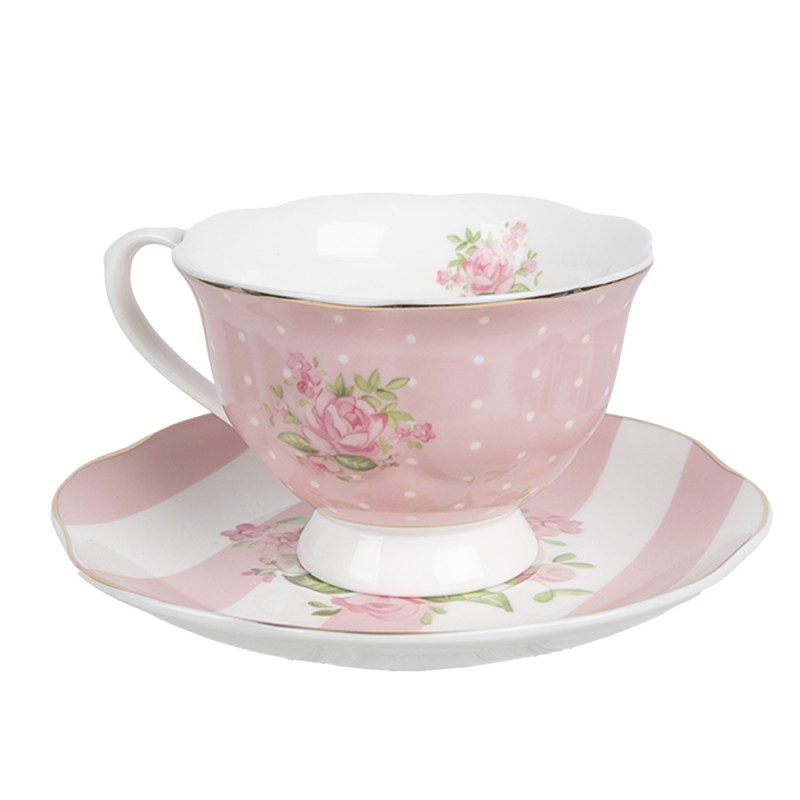 Clayre & Eef Tasse et soucoupe 200 ml Rose Blanc Porcelaine Roses