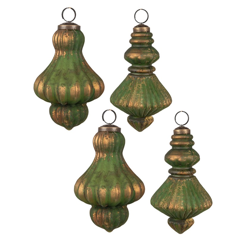 Clayre & Eef Christmas Bauble Set of 4 Ø 9/8 cm Brown Green Glass