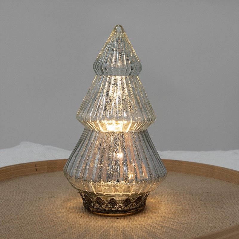Clayre & Eef Décoration de Noël avec éclairage LED Sapin de Noël Ø 13x23 cm Couleur argent Verre