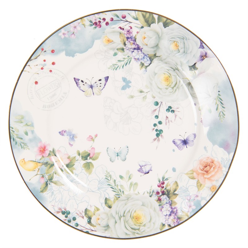 Clayre & Eef Assiette de petit déjeuner Ø 19 cm Blanc Bleu Porcelaine Rond Fleurs