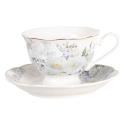 Clayre & Eef Tasse et soucoupe 220 ml Blanc Bleu Porcelaine Rond Fleurs