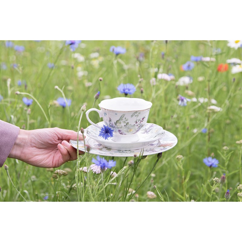 Clayre & Eef Cup and Saucer 220 ml White Blue Porcelain Round Flowers