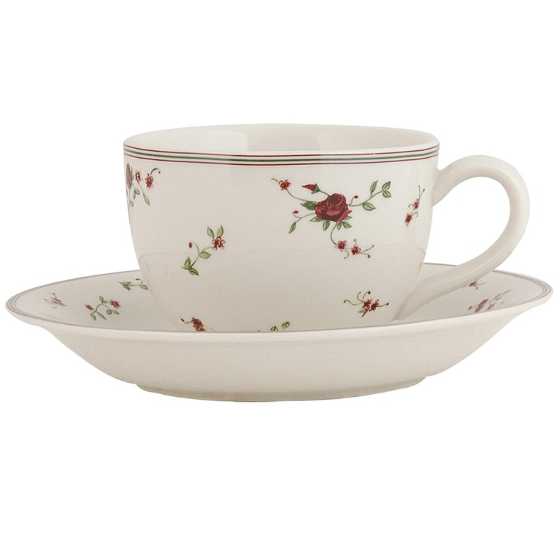 Clayre & Eef Tasse mit Untertasse 200 ml Beige Keramik Rund Blumen