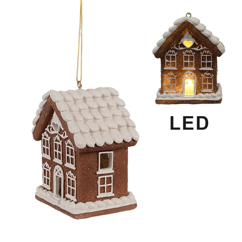 Clayre & Eef Weihnachtsanhänger mit LED Lebkuchenhaus 9x6x10 cm Braun Kunststoff