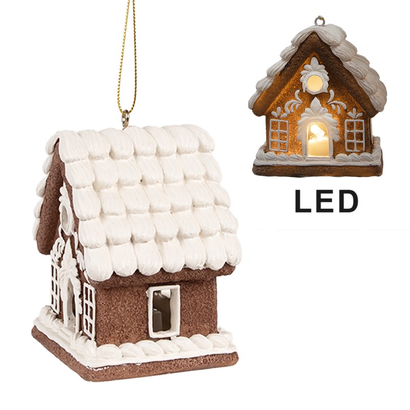 Clayre & Eef Weihnachtsanhänger mit LED Lebkuchenhaus 8x6x9 cm Braun Kunststoff