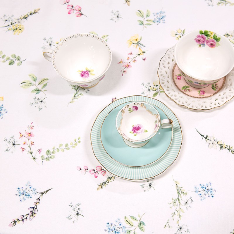 Clayre & Eef Tablecloth Ø 170 cm White Pink Cotton Round Flowers