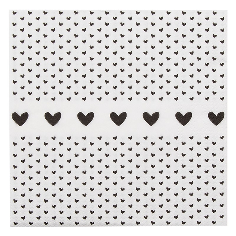 Clayre & Eef Napkins Paper Set of 20 33x33 cm (20) White Black Paper Square Hearts