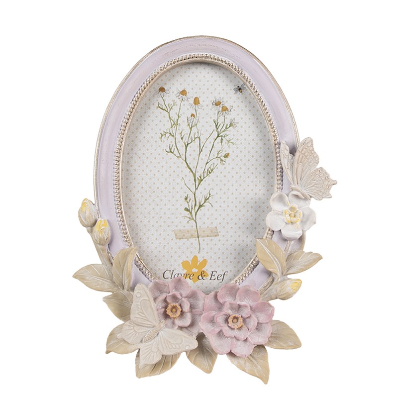 Clayre & Eef Bilderrahmen 10x15 cm Violett Kunststoff Glas Oval Blumen