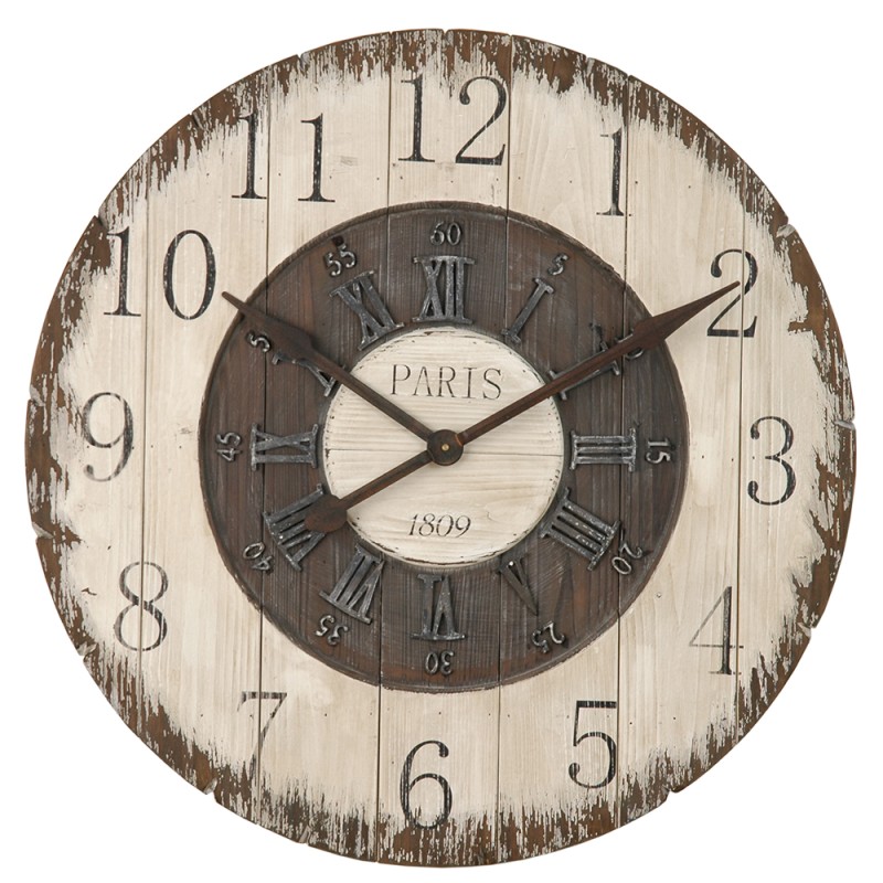 Clayre & Eef Orologio da parete Ø 80cm Bianco Legno Plastica Rotondo