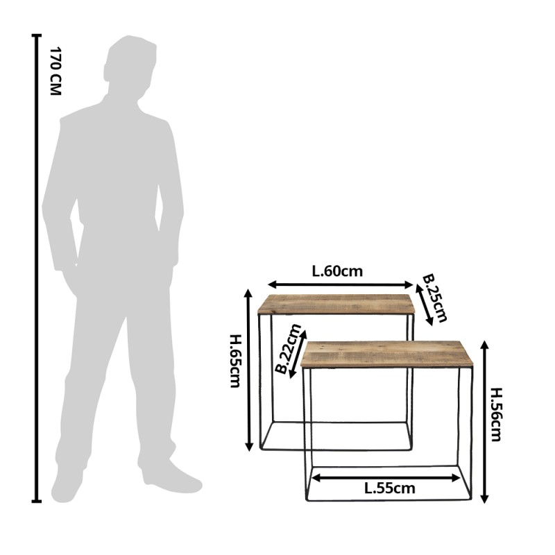 Clayre & Eef Sidetables Set van 2  65 cm en 56 cm Bruin Hout Ijzer Rechthoek