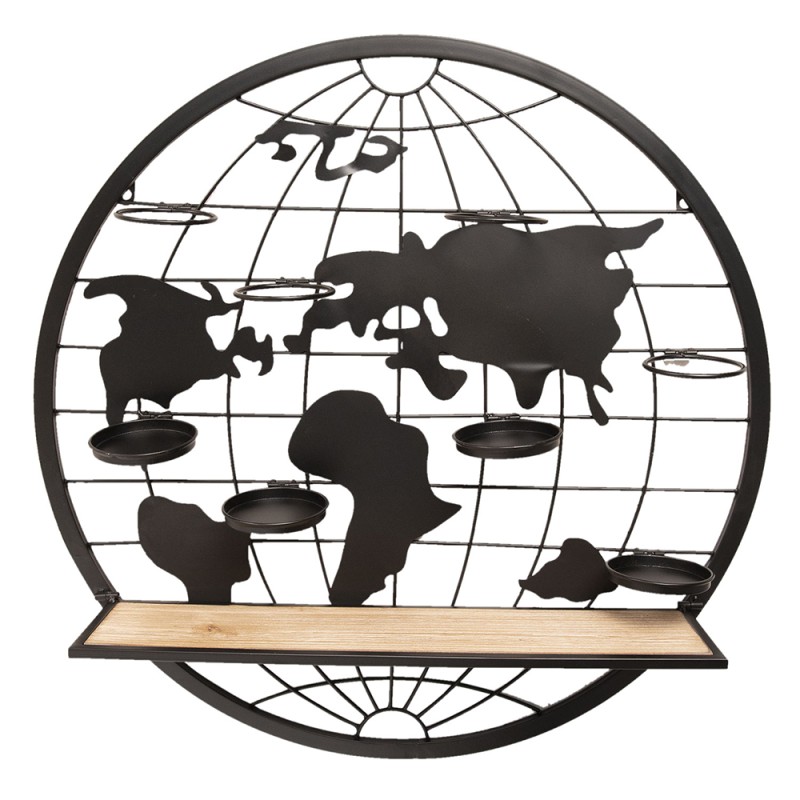 Clayre & Eef Wall Rack Ø 70x14 cm Brown Wood Iron Round World Map