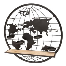 Clayre & Eef Wall Rack Ø 70x14 cm Brown Wood Iron Round World Map