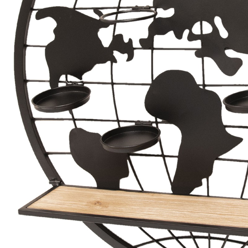 Clayre & Eef Wall Rack Ø 70x14 cm Brown Wood Iron Round World Map