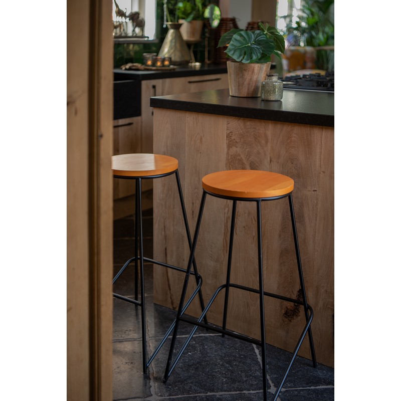 Clayre & Eef Tabouret de bar 40x40x71 cm Noir Fer Bois Rond