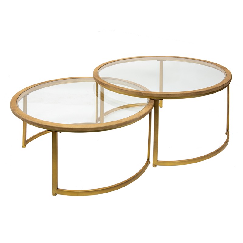 Clayre & Eef Coffee Table Set of 2 Brown Glass Wood