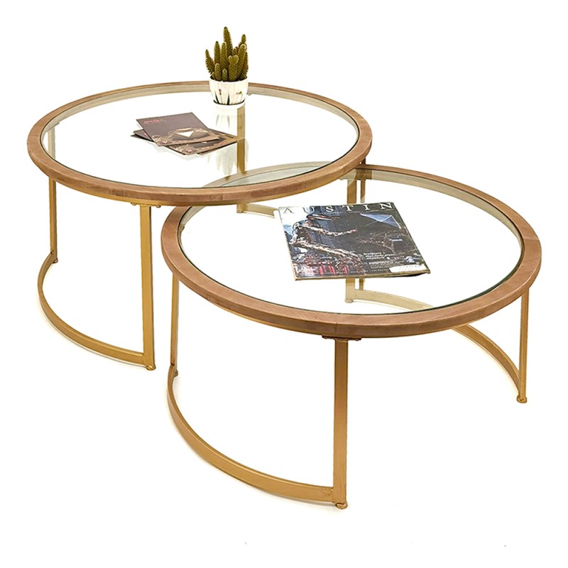 Clayre & Eef Coffee Table Set of 2 Brown Glass Wood