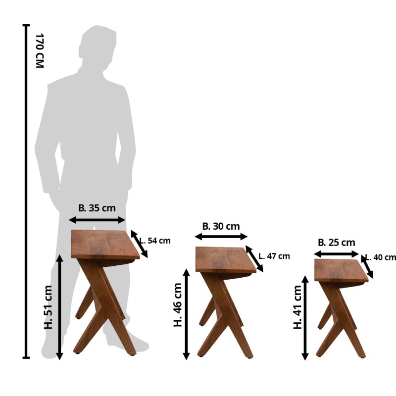 Clayre & Eef Tavolino set di 3 54x35x51 cm Marrone Legno  Rettangolo