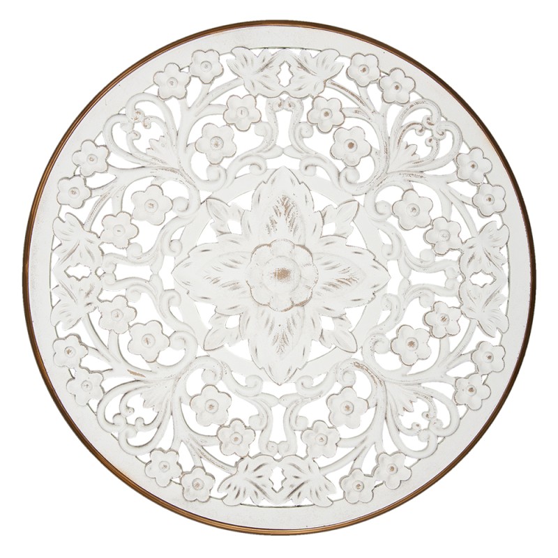 Clayre & Eef Decorazione murale  Ø 80x3 cm Bianco Marrone  Legno Metallo Rotondo Fiori